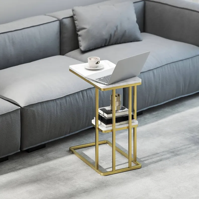 Homcom C-Shaped Narrow Side Table, End Table with Shelf, White Marble Grain - White