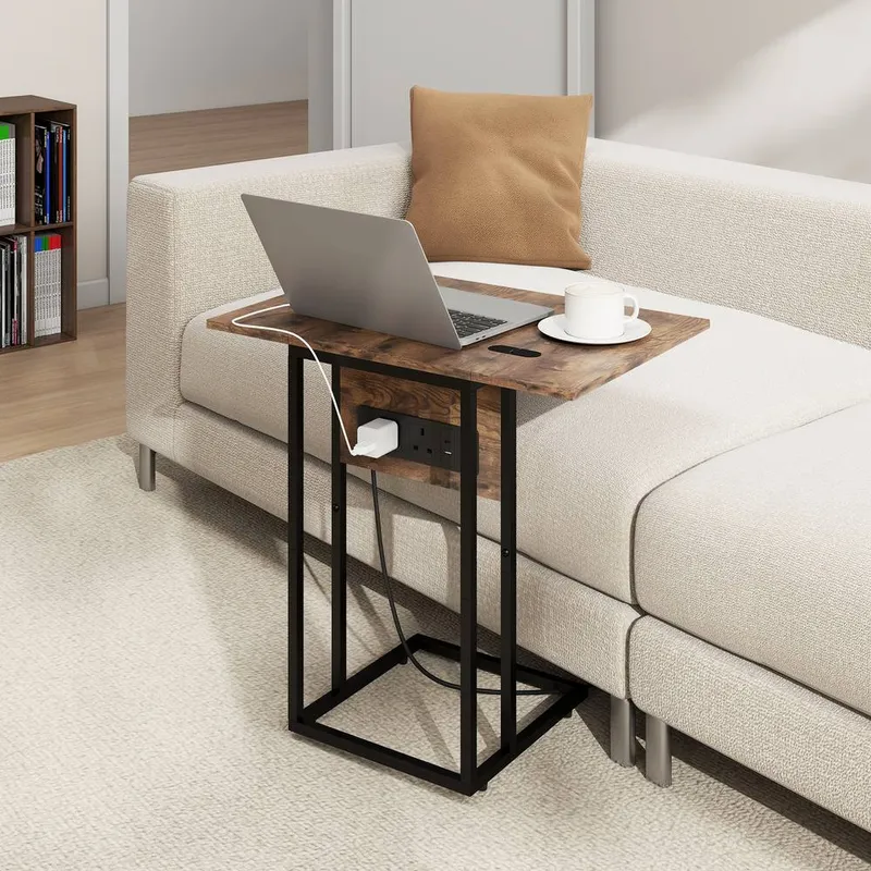 Homcom C Shaped Side Table with Charging Station and Foldable Top
