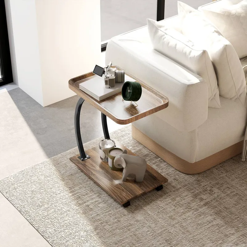 Homcom C Shaped Side Table with Storage & Wheels for Living Room, Brown Brown