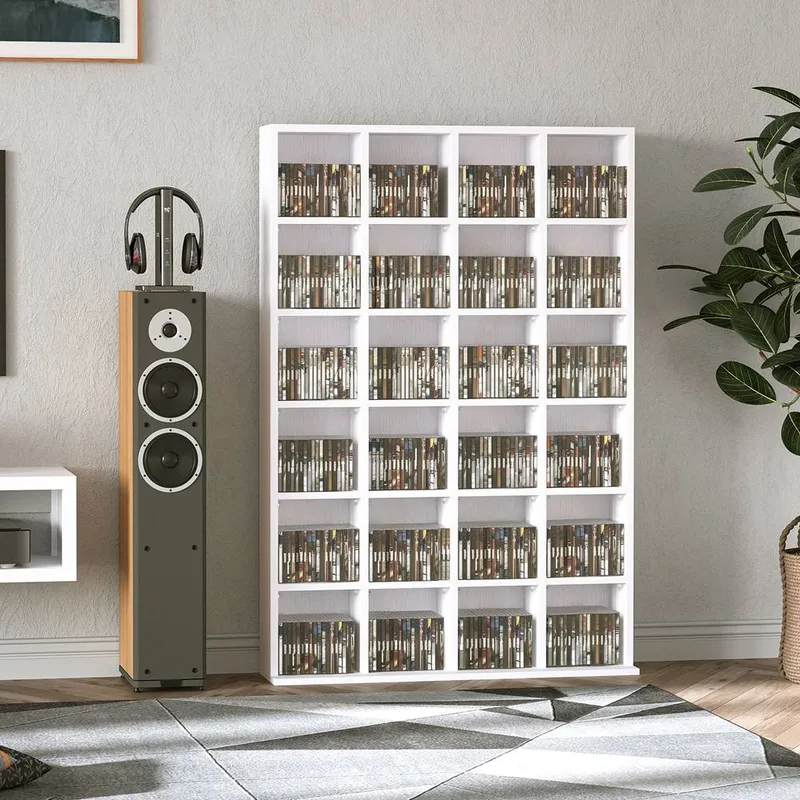 Homcom CD DVD Media Storage Shelves Display Shelf Racks Wooden Frame in White - White