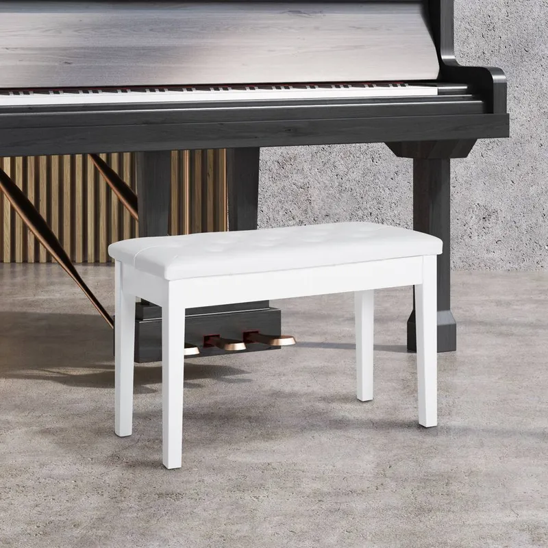 Homcom Classic Piano Bench Padded Seat Makeup Stool Solid Wood Wooden in White White
