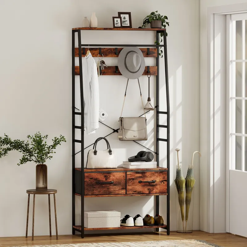 Homcom Coat Rack with Shoe Storage, Bench & 10 Hooks in Brown Brown