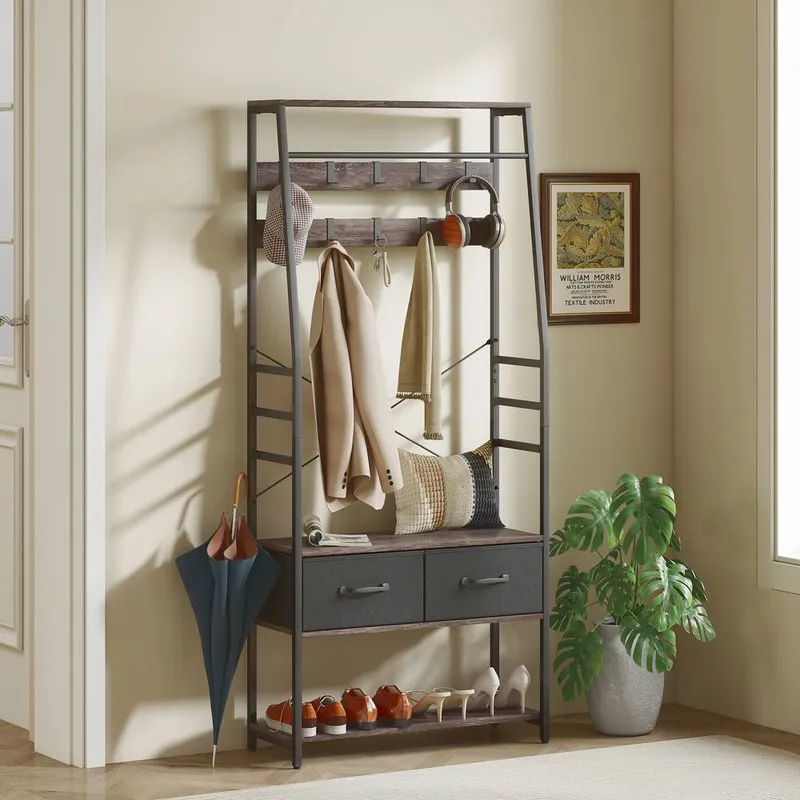 Homcom Coat Rack with Shoe Storage, Bench & 10 Hooks in Grey - Grey
