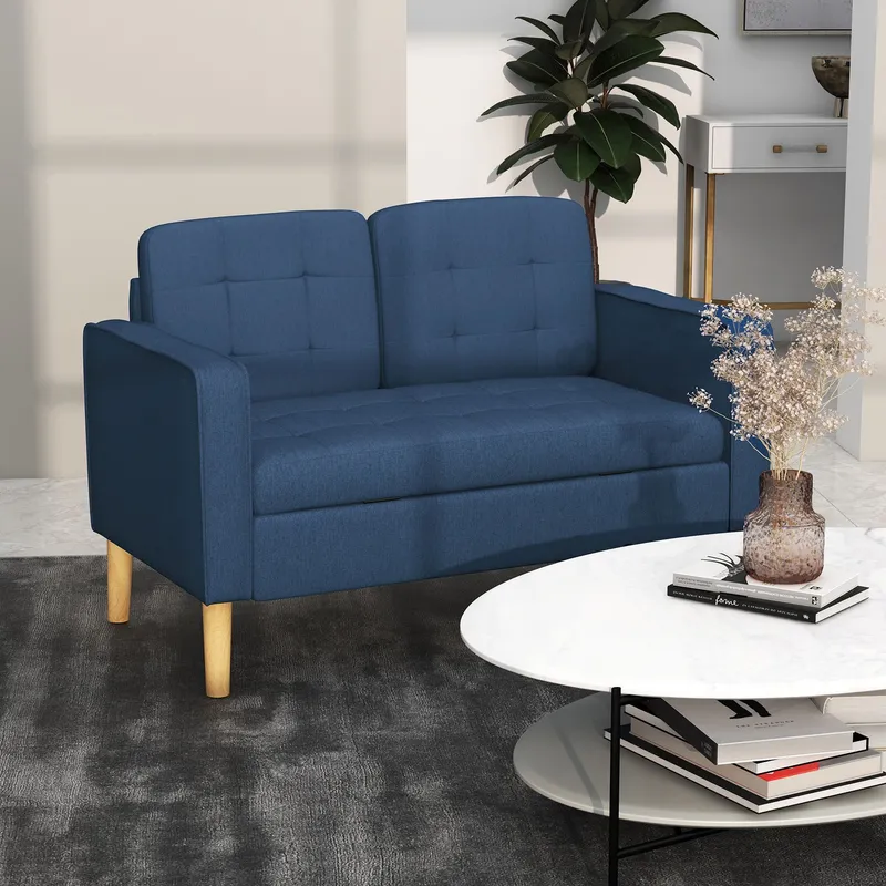 Homcom Compact Loveseat Sofa 2 Seater Sofa with Storage & Wood Legs in Blue Blue