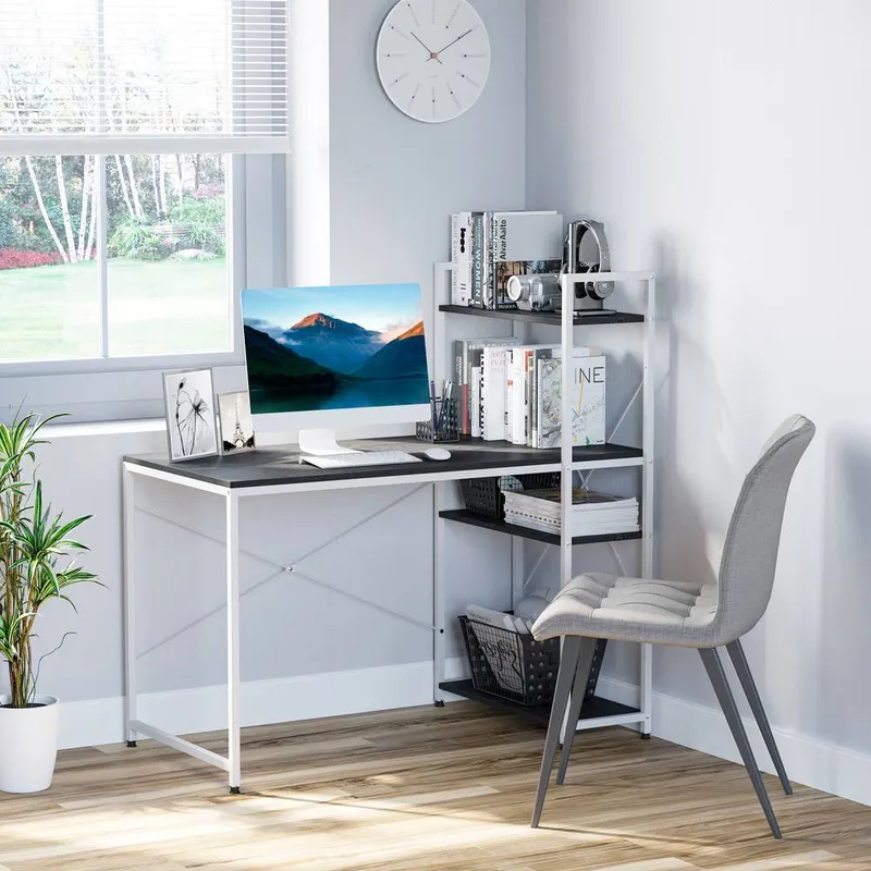 Homcom Computer Desk Laptop Table w/4-tier Bookshelf Metal Frame in Black Black