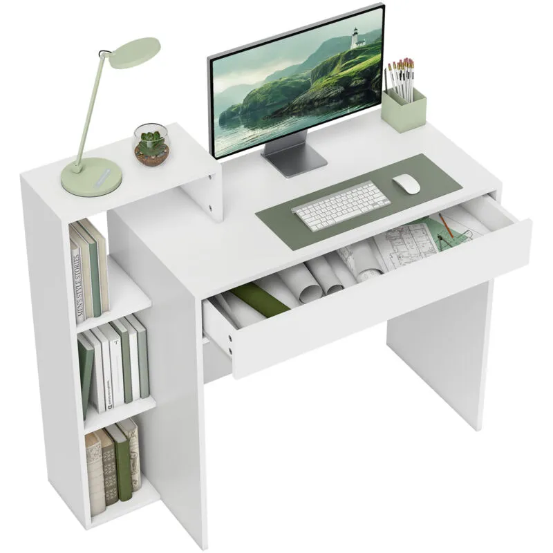 Homcom Computer Desk with 3 Open Shelves & Drawer, White White