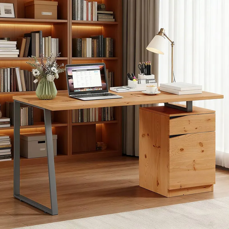 Homcom Computer Desk, Writing Table with Cabinet & Drawer, Natural Natural