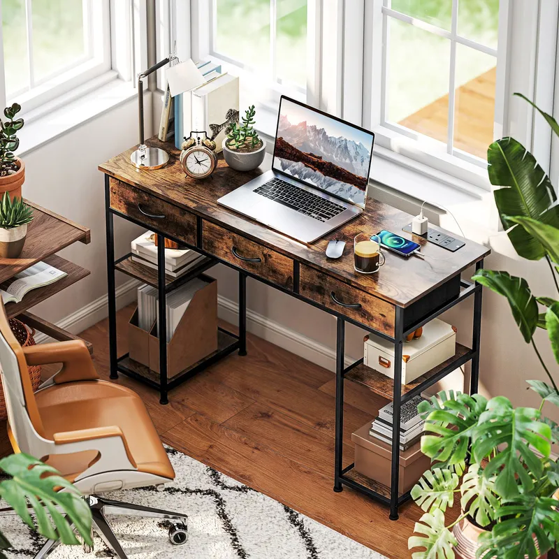 Homcom Computer Writing Desk with Power Outlets, Drawers, Shelves, Brown Brown