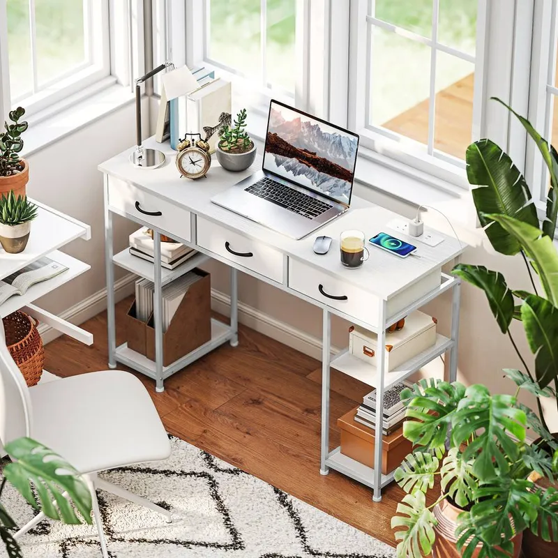 Homcom Computer Writing Desk with Power Outlets, Drawers, Shelves, White White