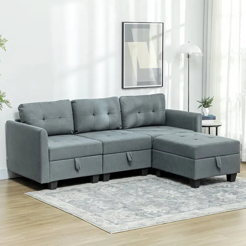 Homcom - Convertible Modular Sectional Sofa w/ Storage Wood Frame Dark Grey