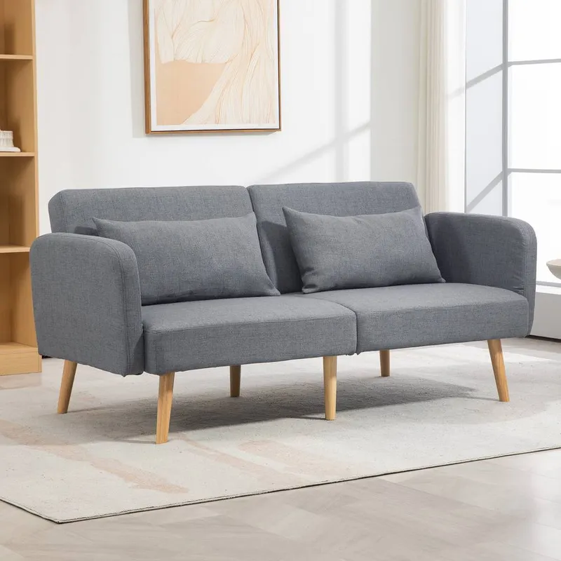 Homcom Convertible Sofa Bed, Fabric Sofa Couch with 2 Cushions for Living Room in Grey Size: 2 Person - Grey - Size: 2 Person