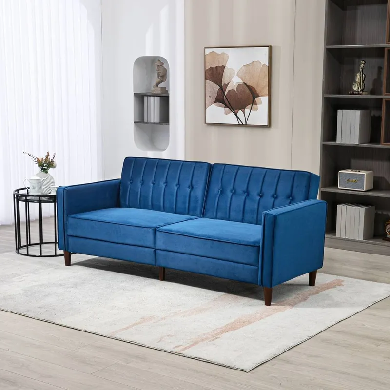 Homcom Convertible Sofa Futon Velvet-Touch Tufted Couch Sofa Bed Split Back in Blue Blue
