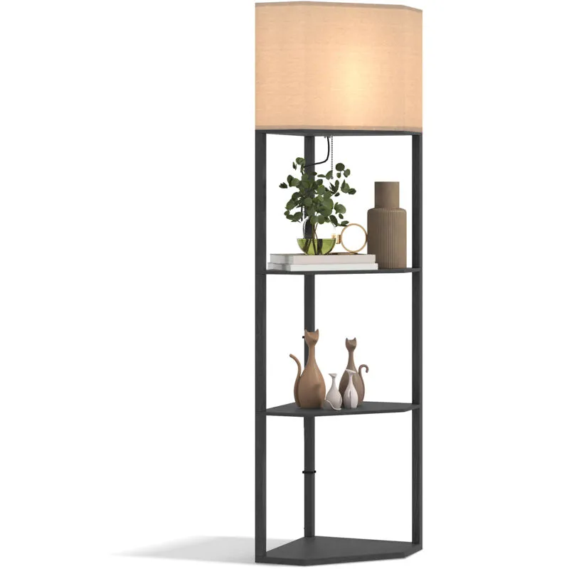 Homcom - Corner Modern Floor Lamp with Shelves for Living Room, Bedroom, Black