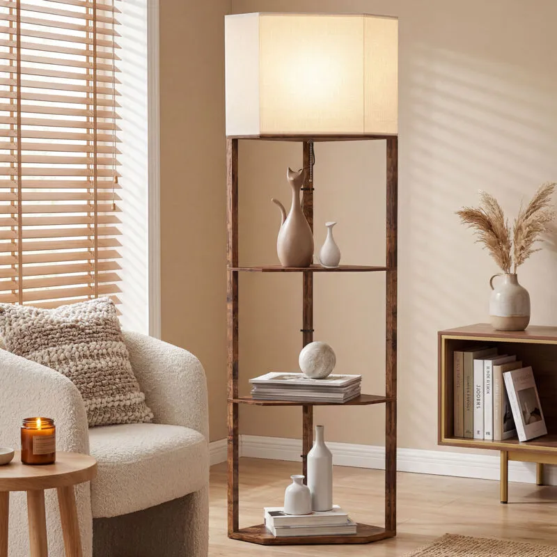Homcom Corner Modern Floor Lamp with Shelves for Living Room, Rustic Brown