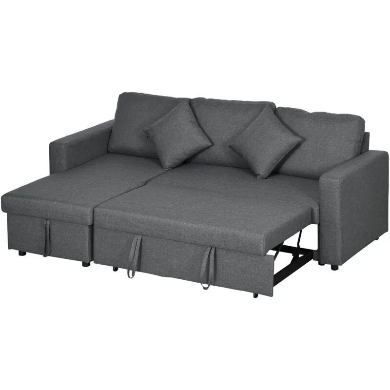 Homcom Corner Sofa Bed with Storage, 3 Seater Pull Out Sofa Bed, Dark Grey