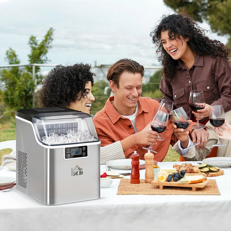 Homcom Counter Top Ice Maker Machine with Adjustable Cube Size Scoop in Silver Silver