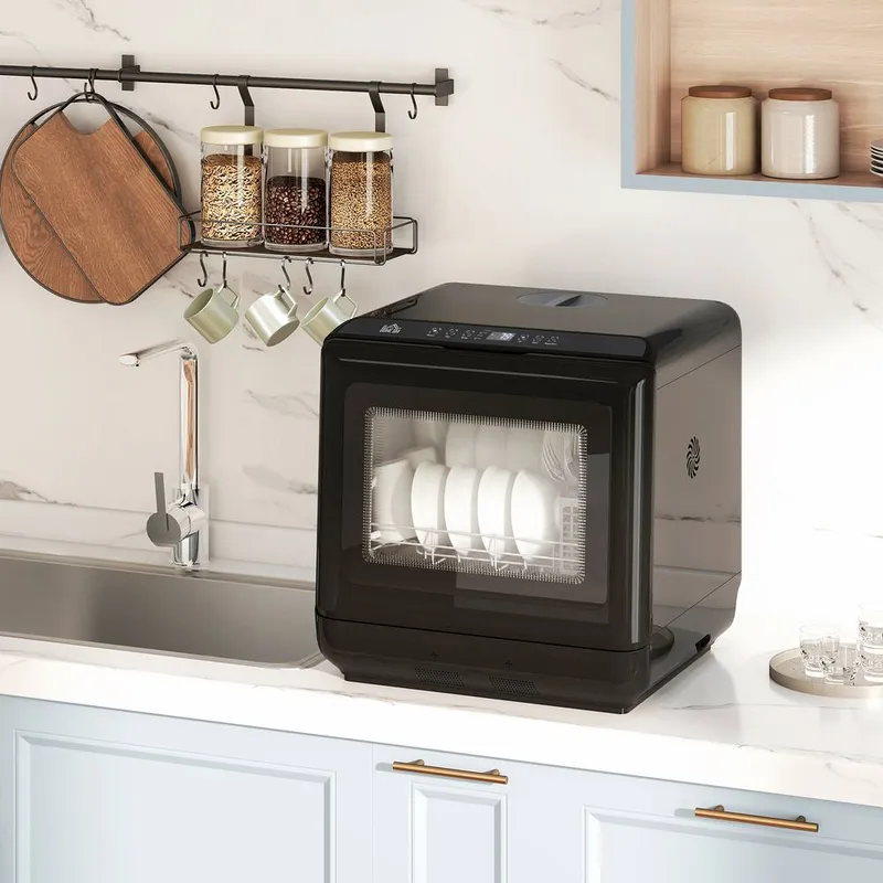 Homcom Countertop Dishwasher with Dual Water Supply & 6 Programs, Black - Black - Size: One Size