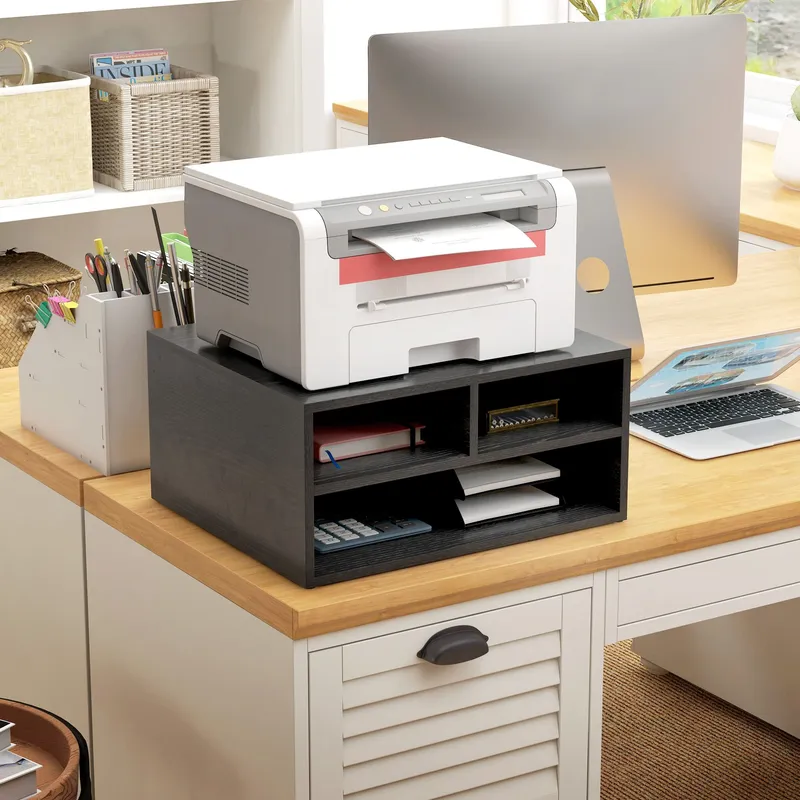 Homcom - Desktop Printer Stand with 3 Open Compartments, Desk Organiser Black