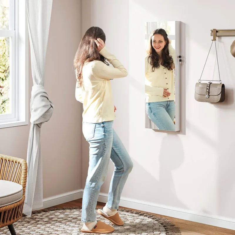 Homcom Door Hanging or Wall Mounted Jewellery Cabinet w/ Mirror in White - White