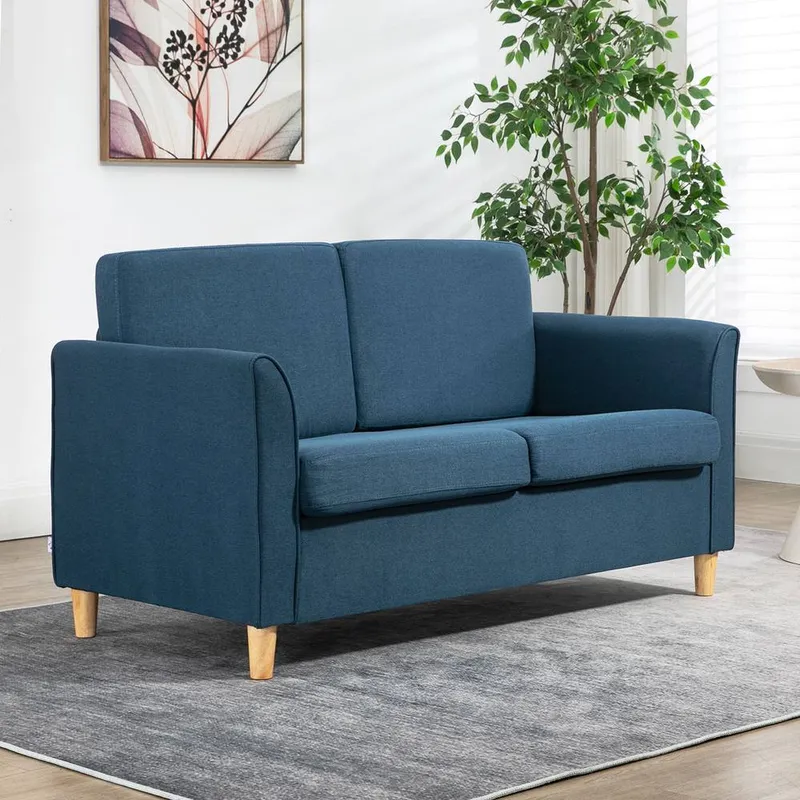 Homcom Double Seat Sofa Linen Upholstery Loveseat Couch w/ Armrests in Blue - Blue