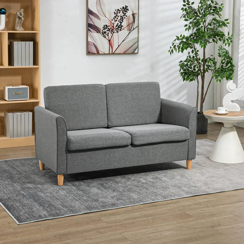 Homcom Double Seat Sofa Linen Upholstery Loveseat Couch w/ Armrests Grey