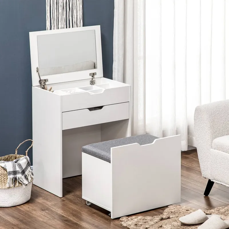 Homcom - Dressing Table with Mirror and Stool, Vanity Table with Storage, White