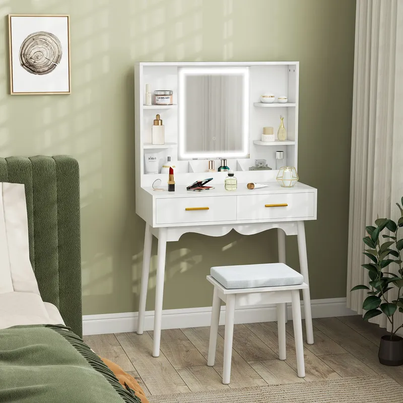 Homcom Dressing Table with LED Lighted Mirror & Cushioned Stool White White