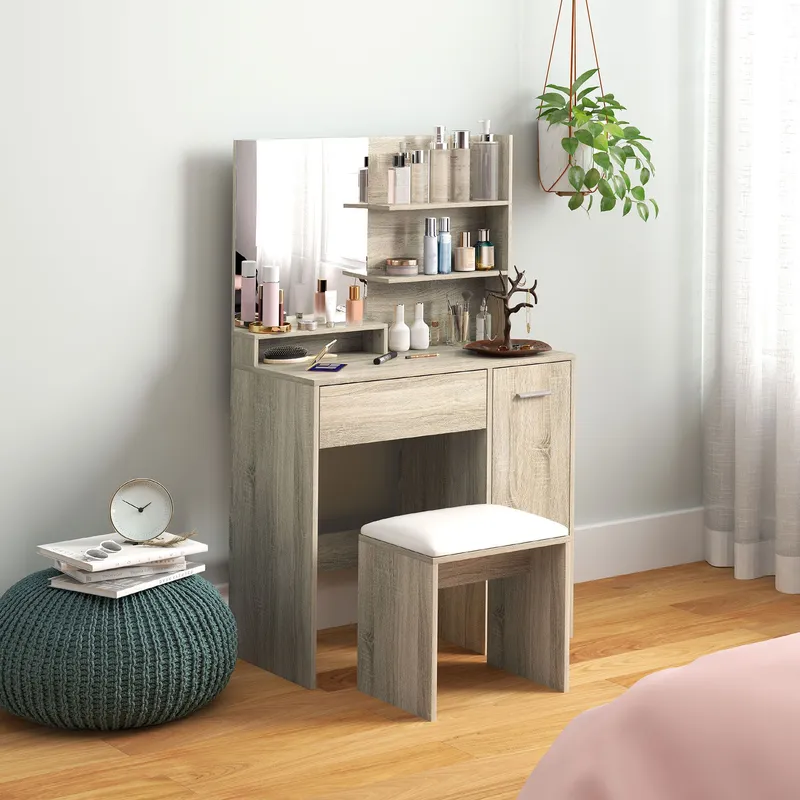 Homcom - Dressing Table with Mirror and Stool, Makeup Desk for Bedroom
