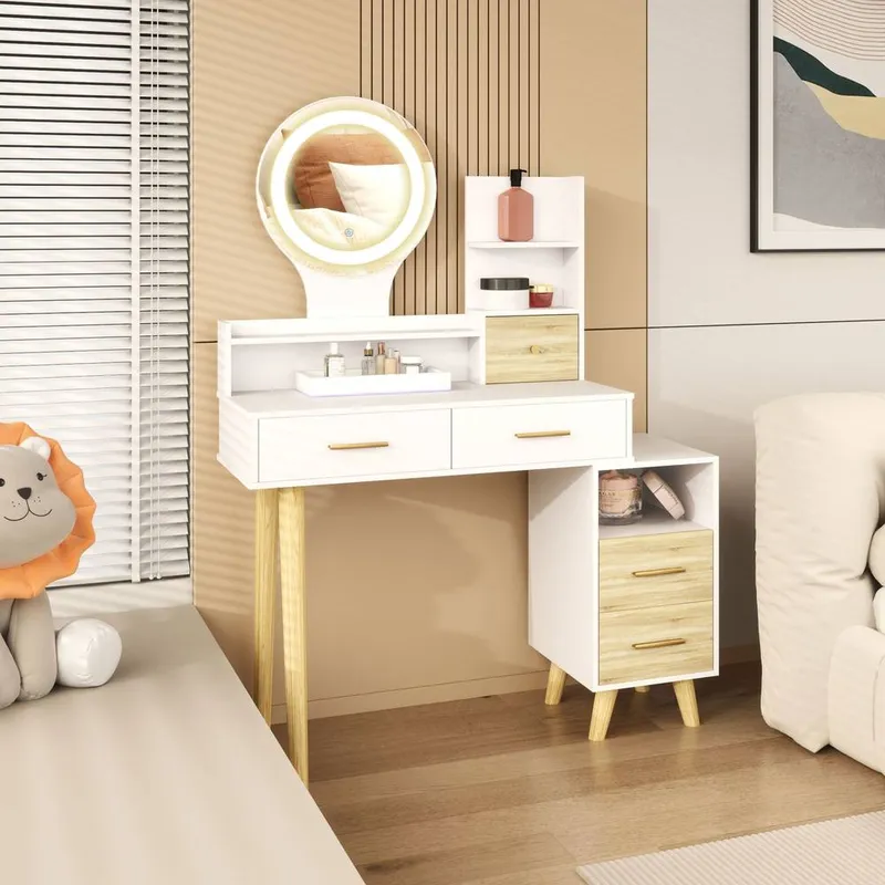 Homcom Dressing Table with Mirror, Vanity Table with LED Lights, White White