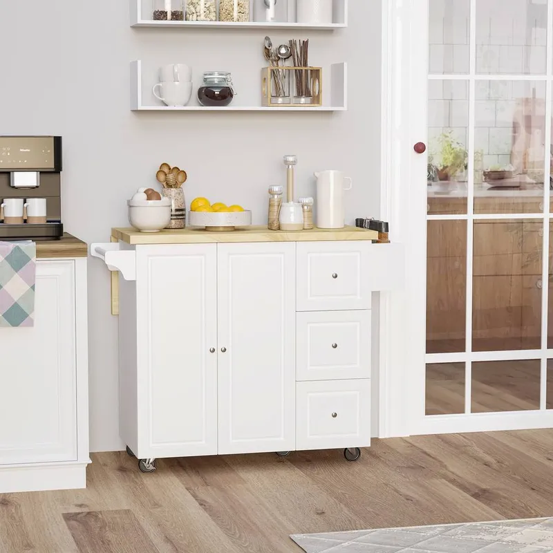 Drop-Leaf Kitchen Island on Wheels Utility Storage Cart with Drawers - Homcom