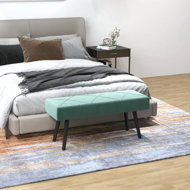 Homcom End of Bed Bench, Upholstered Hallway Bedroom with Steel Legs in Green Green