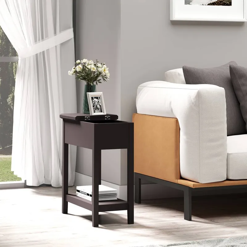 Homcom End Table, Narrow Side Table with Flip Top, Bottom Shelf in Brown Brown