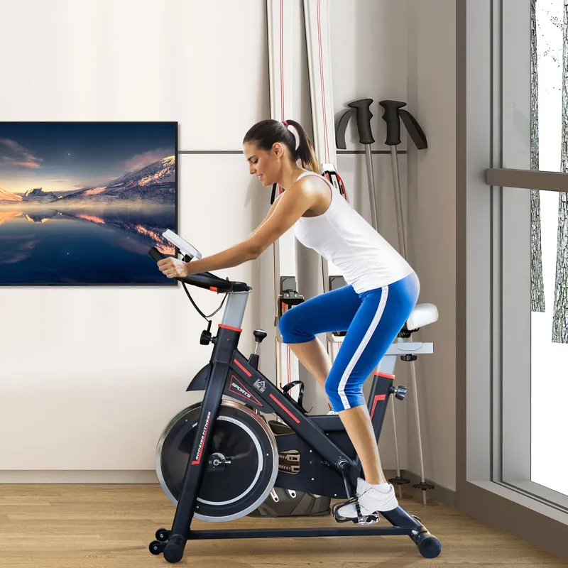 Homcom Exercise Bike Indoor Cycling w/ LCD Display, Heart Rate Sensor in Black Black