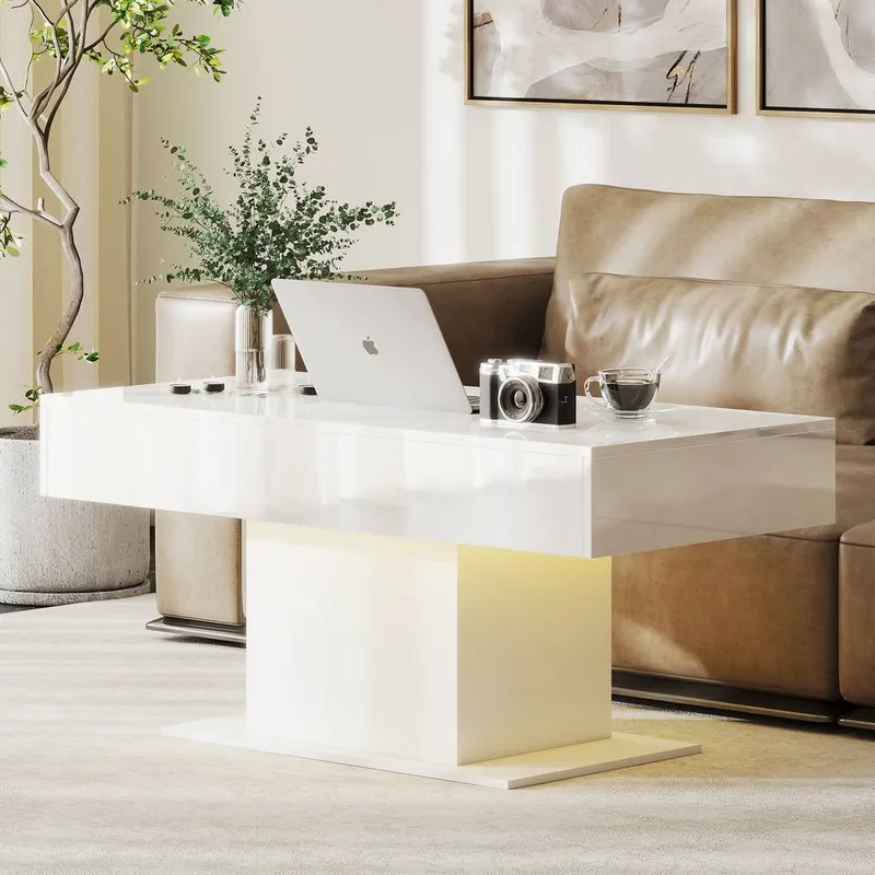 Homcom Extendable Coffee Table, Living Room Table with LED Lights, White - White
