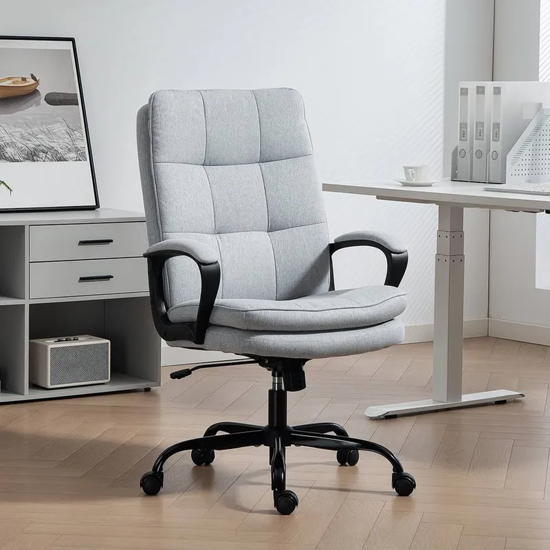 Homcom Fabric Office Chair, Computer Desk Chair for Home, Light Grey Light Grey