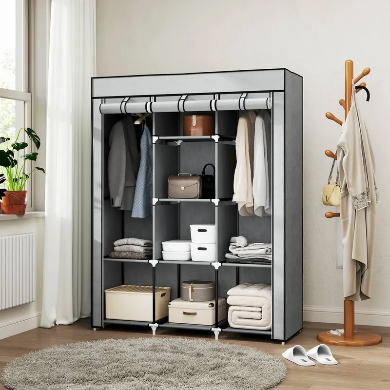 Fabric Portable Wardrobe with 8 Shelves 2 Hanging Rails, Light Grey - Homcom