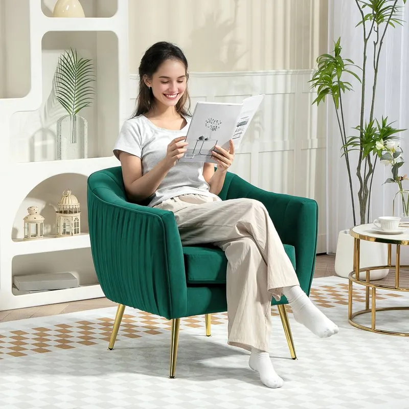 Homcom Fabric Single Sofa Arm Chair Upholstered Flocking Wood Leg in Green - Green