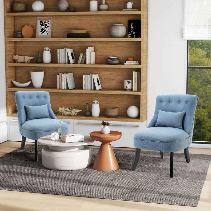 Homcom Fabric Single Sofa Upholstered Accent Chair with Pillow Set of 2 in Blue Blue