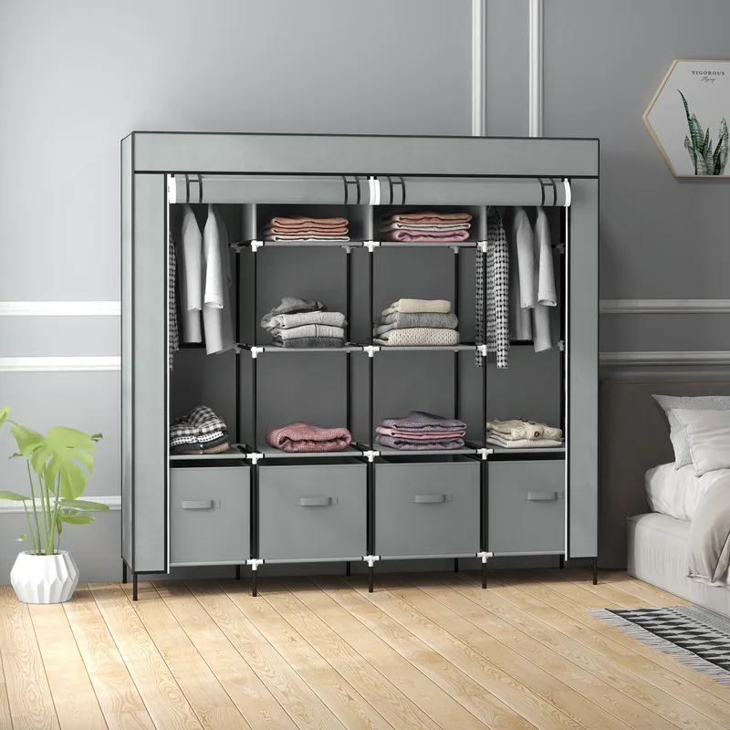 Homcom - Fabric Wardrobe w/ 12 Shelves 2 Hanging Rails Foldable Closets