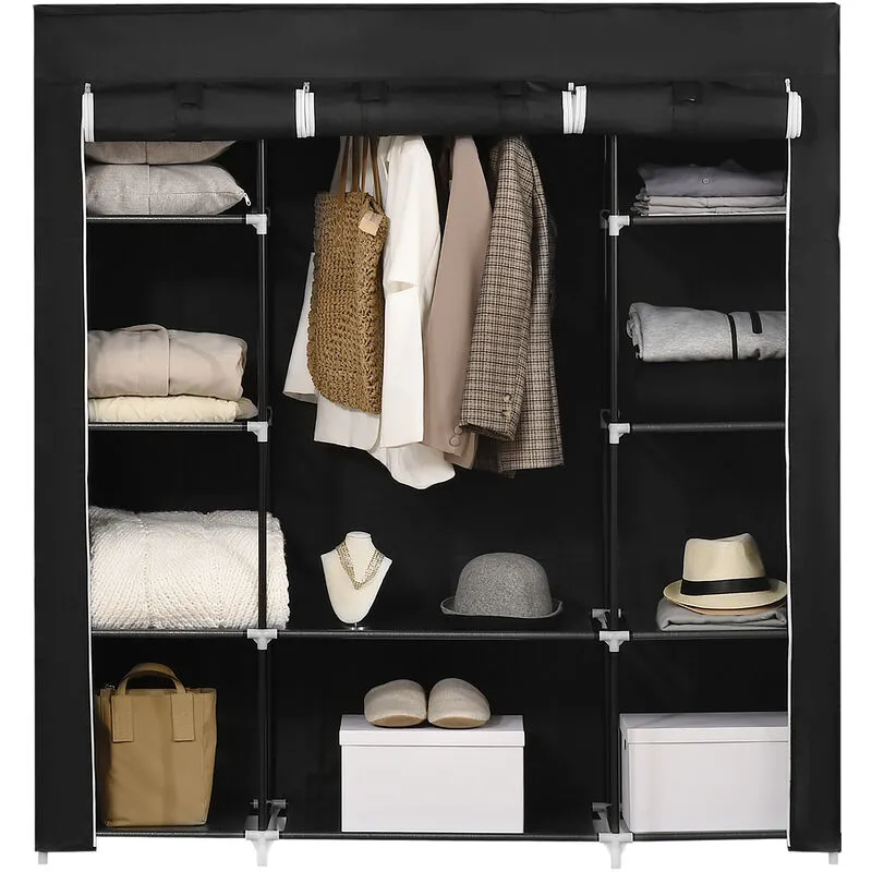 Homcom Fabric Wardrobe Portable Wardrobe with 10 Shelves 1 Hanging Rail in Black - Black