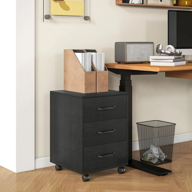 Homcom File Cabinet with 3 Drawers, Under Desk Mobile Filing Cabinet Black Black