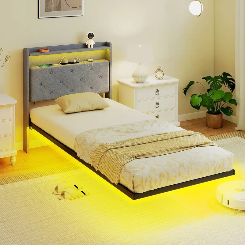 Homcom Floating Bed Frame with Rgb Lights, Upholstered Bed Frame, Grey Size: King Grey King
