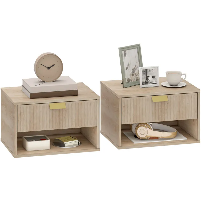 Homcom Floating Bedside Tables Set of 2 with Fluted Drawer Open Shelf Oak