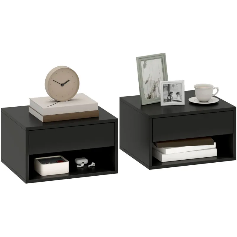 Homcom Floating Nightstands Set of 2, Bedside Table w/ Drawer and Open Shelf