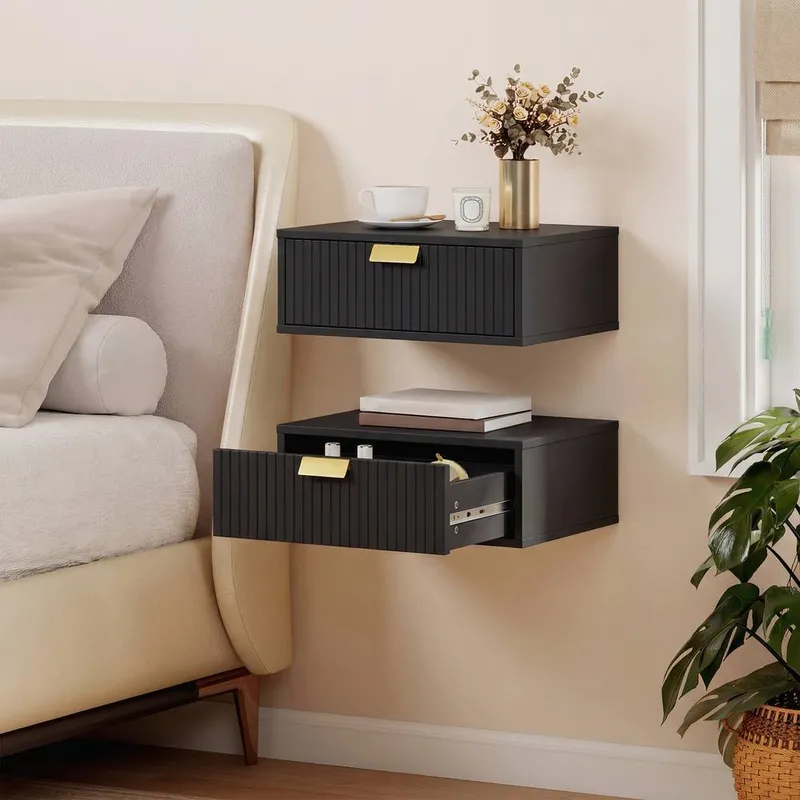 Homcom Floating Nightstands Set of 2 Bedside Tables w/ Wave Drawer Black