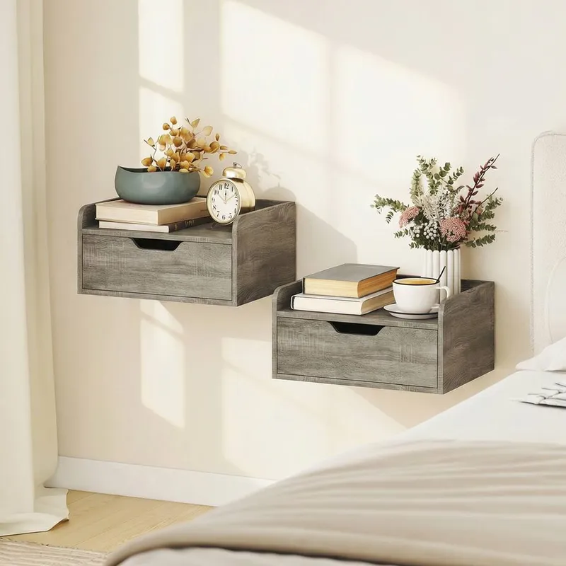 Homcom Floating Nightstands Set of 2, Nightstand with Drawer in Grey - Grey