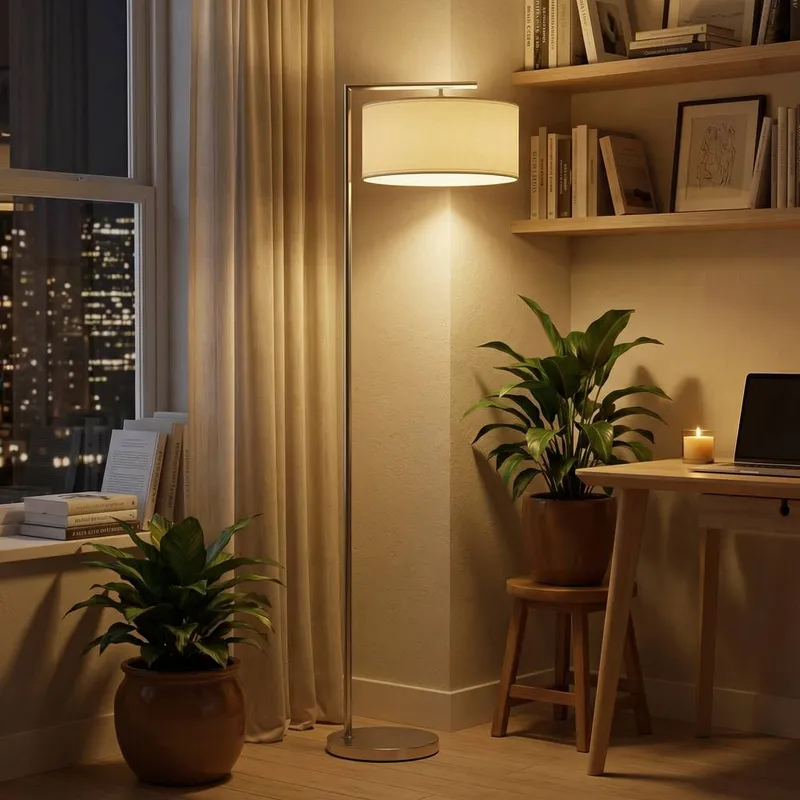 Homcom Floor Lamp, Modern Standing Lamp with Linen Lampshade, Silver Tone Silver