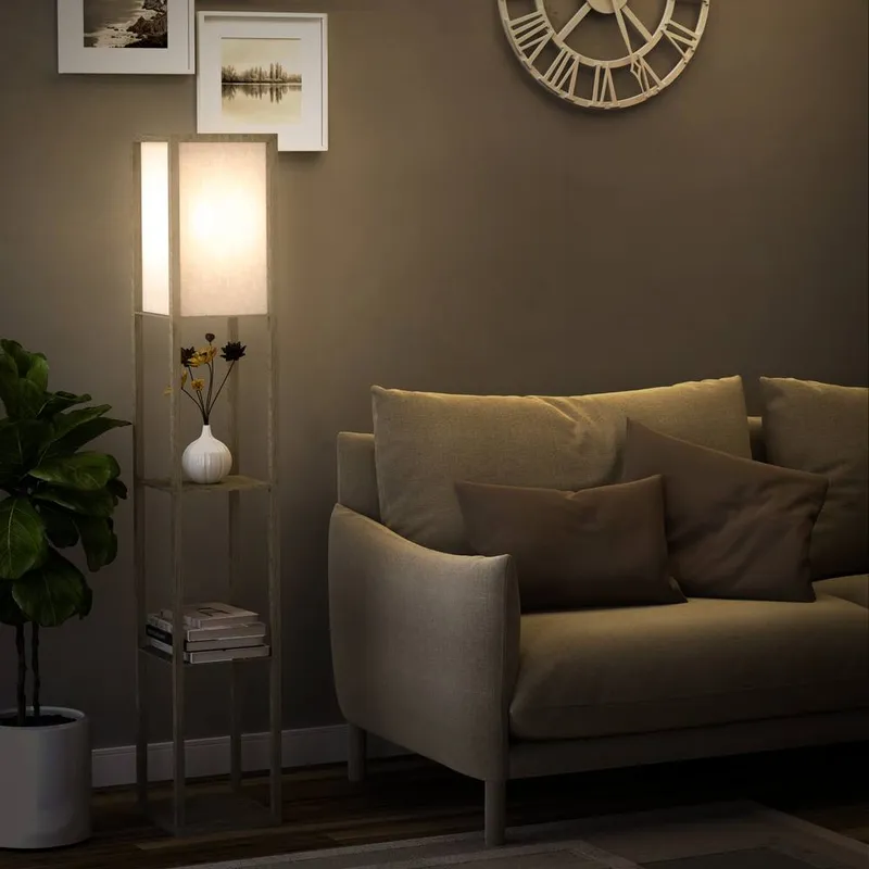 Floor Lamp Reading Lamp with 3-Tier Storage Shelf for Home Office Oak - Homcom