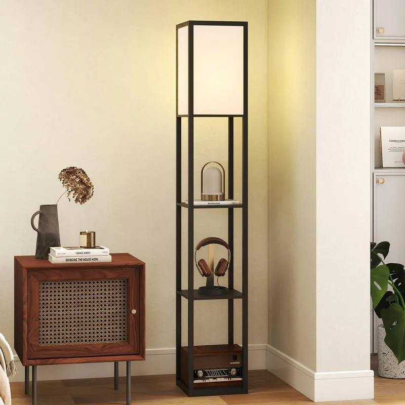 Homcom Floor Lamp with 3-Tier Storage Shelf for Home Office, Black Black