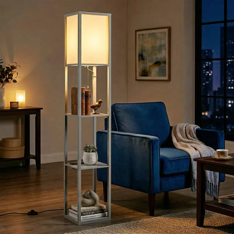 Homcom Floor Lamp with 3-Tier Storage Shelf for Home Office in Grey Grey